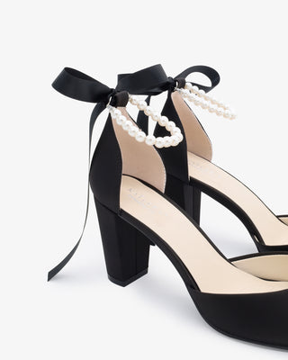 Satin Block Heel with All Pearls Ankle StrapWomen Shoes