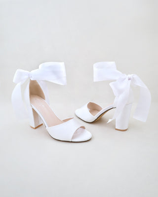 Satin Block Heel Wedding Sandals with Wrapped Ribbon TieWomen Shoes