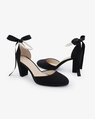 Satin Block Heel with All Pearls Ankle StrapWomen Shoes