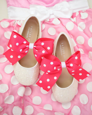 White Rock Glitter Mary Jane Flats with Fuchsia Polka Dot Grosgrain BowKids Shoes