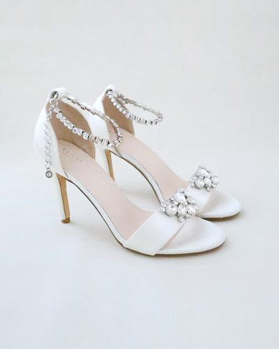 ivory satin high heel wedding sandals with rhinestones