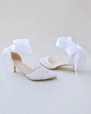 Crochet Lace Pointy Toe Wedding Kitten Low Heel with Wrapped Ankle TieWomen Shoes