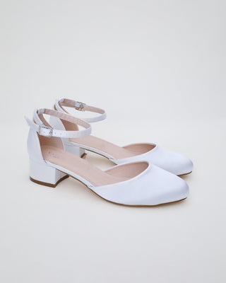 Round Toe Satin Low Block Heel with Ankle StrapWomen Shoes