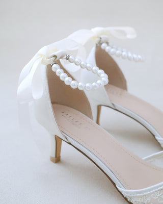 Crochet Lace Pointy Toe Wedding Kitten Low Heel with Small Pearls AppliqueWomen Shoes