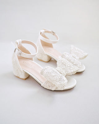 Lace Low Block Heel Girls Sandals with Oversized Crochet Lace BowKids Shoes