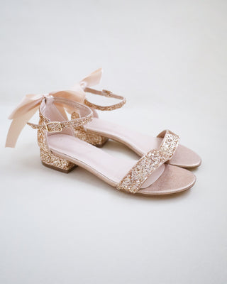 Rock Glitter Low Block Heel Wedding Sandals with Back Satin BowWomen Shoes