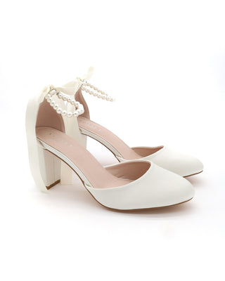 Satin Block Heel with All Pearls Ankle StrapWomen Shoes