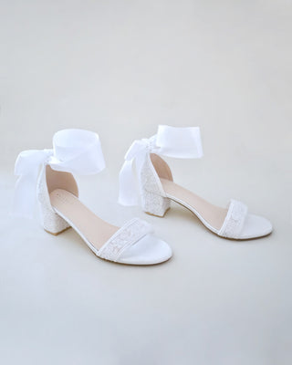 Crochet Lace Block Heel Wedding Sandals with Wrapped Ankle TieWomen Shoes