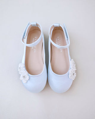 Satin Flower Girls Ballet Flats with All Pearls Chassia FlowersKids Shoes