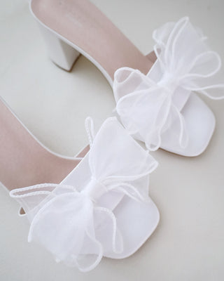 Satin Block Heels Wedding Slide Sandals with Layered Organza BowWomen Shoes