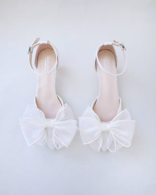 Satin Pointy Toe Wedding Kitten Low Heel with Layered Organza BowWomen Shoes