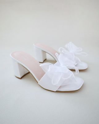 Satin Block Heels Wedding Slide Sandals with Layered Organza BowWomen Shoes
