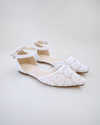 Crochet Lace Pointy Toe Flats with Ankle StrapWomen Shoes