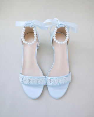 Crochet Lace Block Heel Wedding Sandals with All Pearl Ankle StrapWomen Shoes