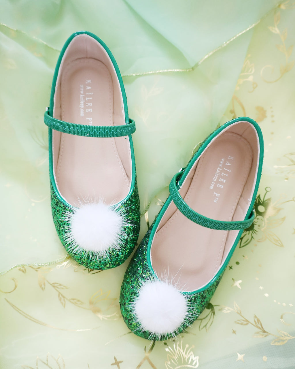 FAIRY INSPIRED SHOES, Green Rock Glitter Mary Jane Flats with Puff