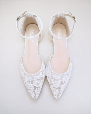 Crochet Lace Pointy Toe Flats with Mini PearlsWomen Shoes