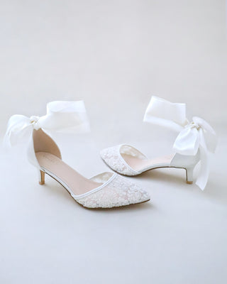 Crochet Lace Pointy Toe Wedding Kitten Low Heel with Wrapped Ankle TieWomen Shoes