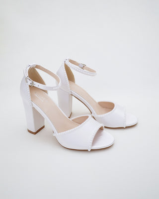 Satin Block Heel Wedding Sandals with Mini PearlsWomen Shoes