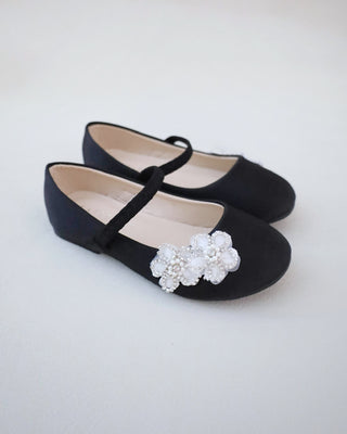 Satin Mary Jane Flats with Rhinestones Chassia FlowerKids Shoes