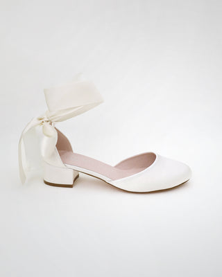 Round Toe Satin Low Block Heel with Wrapped Ribbon TieWomen Shoes