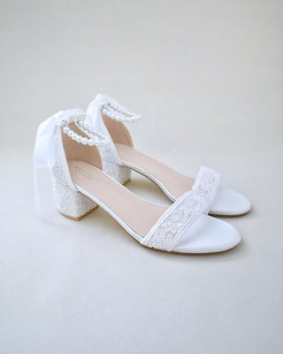 Crochet Lace Block Heel Wedding Sandals with All Pearl Ankle StrapWomen Shoes