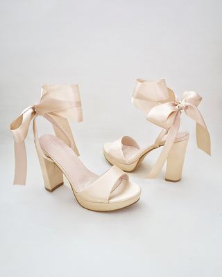 Satin Platform Block Heel Sandals with Wrapped Ribbon TieWomen Shoes