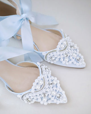 Satin Pointy Toe Flats with Oversized Pearls AppliqueWomen Shoes
