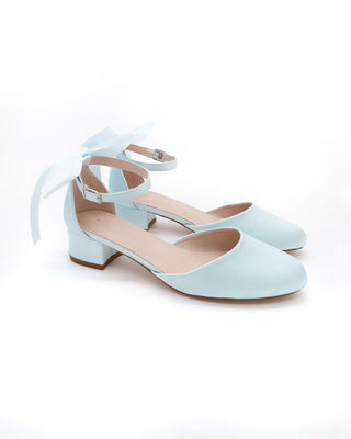 Round Toe Satin Low Block Heel with Back Satin BowWomen Shoes