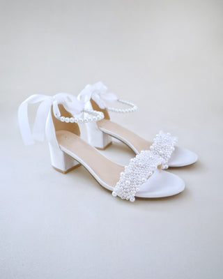 Satin Block Heel Wedding Sandals with Perla Applique and All Pearls StrapWomen Shoes