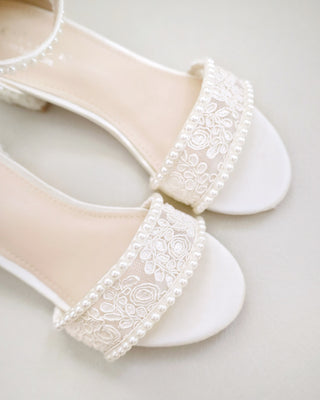 Crochet Lace Low Block Heel Girls Sandals with Mini PearlsKids Shoes