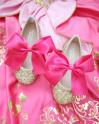 Gold Rock Glitter Mary Jane Flats with Fuchsia Satin BowKids Shoes