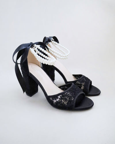 black crochet lace block heels bridal sandals with double pearls ankle strap