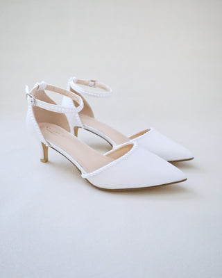 Satin Pointy Toe Kitten Low Heel with Mini PearlsWomen Shoes