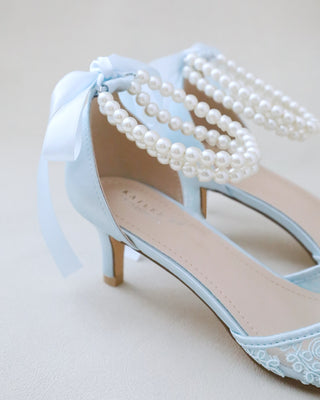 Crochet Lace Pointy Toe Wedding Kitten Low Heel with Double Pearl StrapWomen Shoes