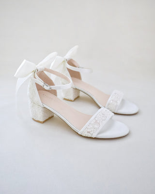 Crochet Lace Block Heel Wedding Sandals with Back Satin BowWomen Shoes