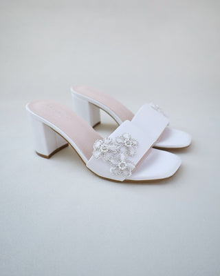 Satin Block Heels Slide Wedding Sandals with Rhinestones Chassia FlowerWomen Shoes