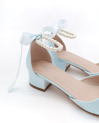 Round Toe Satin Low Block Heel with All Pearls Ankle StrapsWomen Shoes