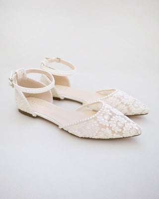 Crochet Lace Pointy Toe Flats with Mini PearlsWomen Shoes
