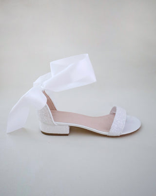 Rock Glitter Low Block Heel Wedding Sandals with Wrapped Satin TieWomen Shoes