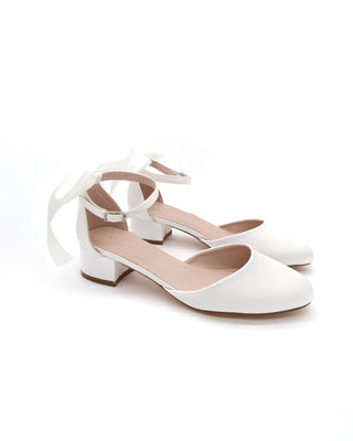 Round Toe Satin Low Block Heel with Back Satin BowWomen Shoes