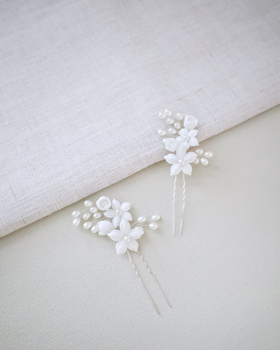 ivory flower clay with pearls hair pin set of two