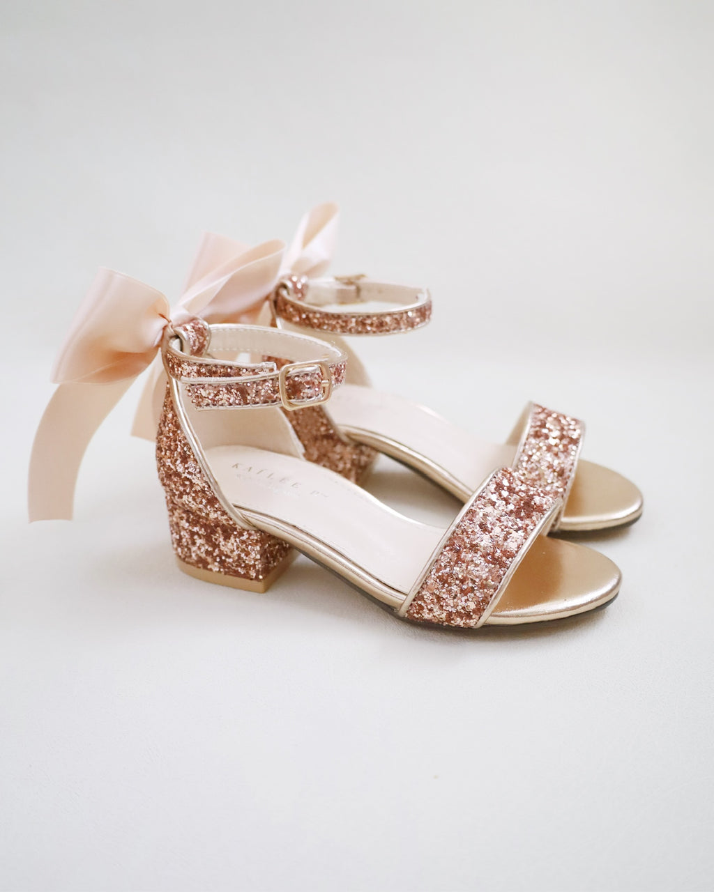 Rose Gold Rock Glitter Low Block Heel Girl Sandals with Back Satin Bow
