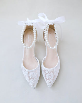 Crochet Lace Pointy Toe Wedding Kitten Low Heels with Double Pearl StrapWomen Shoes