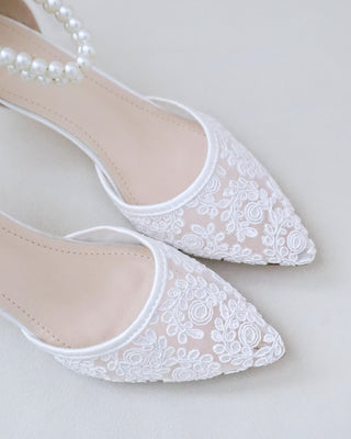 Crochet Lace Pointy Toe Wedding Kitten Low Heels with Double Pearl StrapWomen Shoes