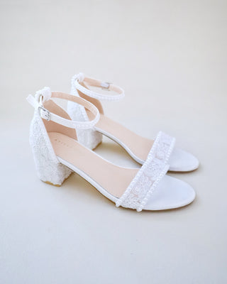 Crochet Lace Block Heel Wedding Sandals with Mini PearlsWomen Shoes