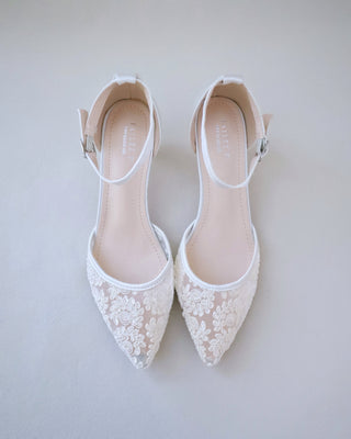 Crochet Lace Pointy Toe Wedding Kitten Low HeelWomen Shoes