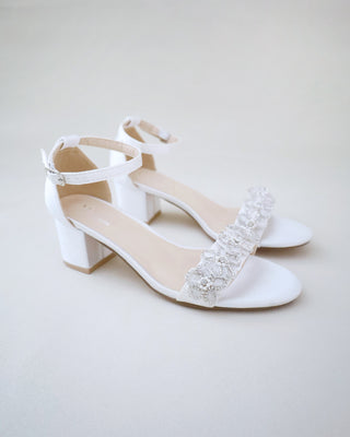 Satin Block Heel Wedding Sandals with Rhinestones Chassia FlowerWomen Shoes
