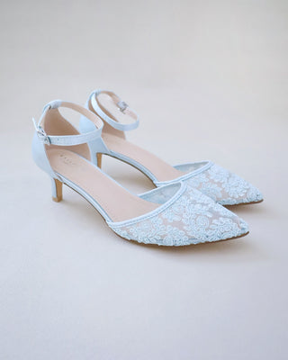 Crochet Lace Pointy Toe Wedding Kitten Low HeelWomen Shoes