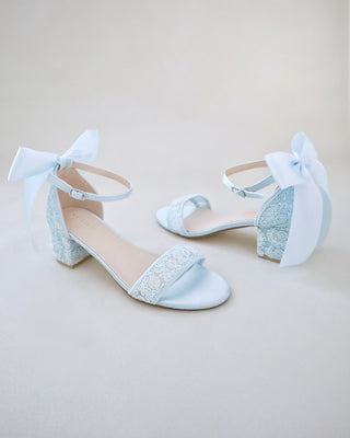 Crochet Lace Block Heel Wedding Sandals with Back Satin BowWomen Shoes