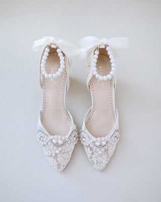 Lace Block Heel Pearl Ankle Wrap For BridesWomen Shoes